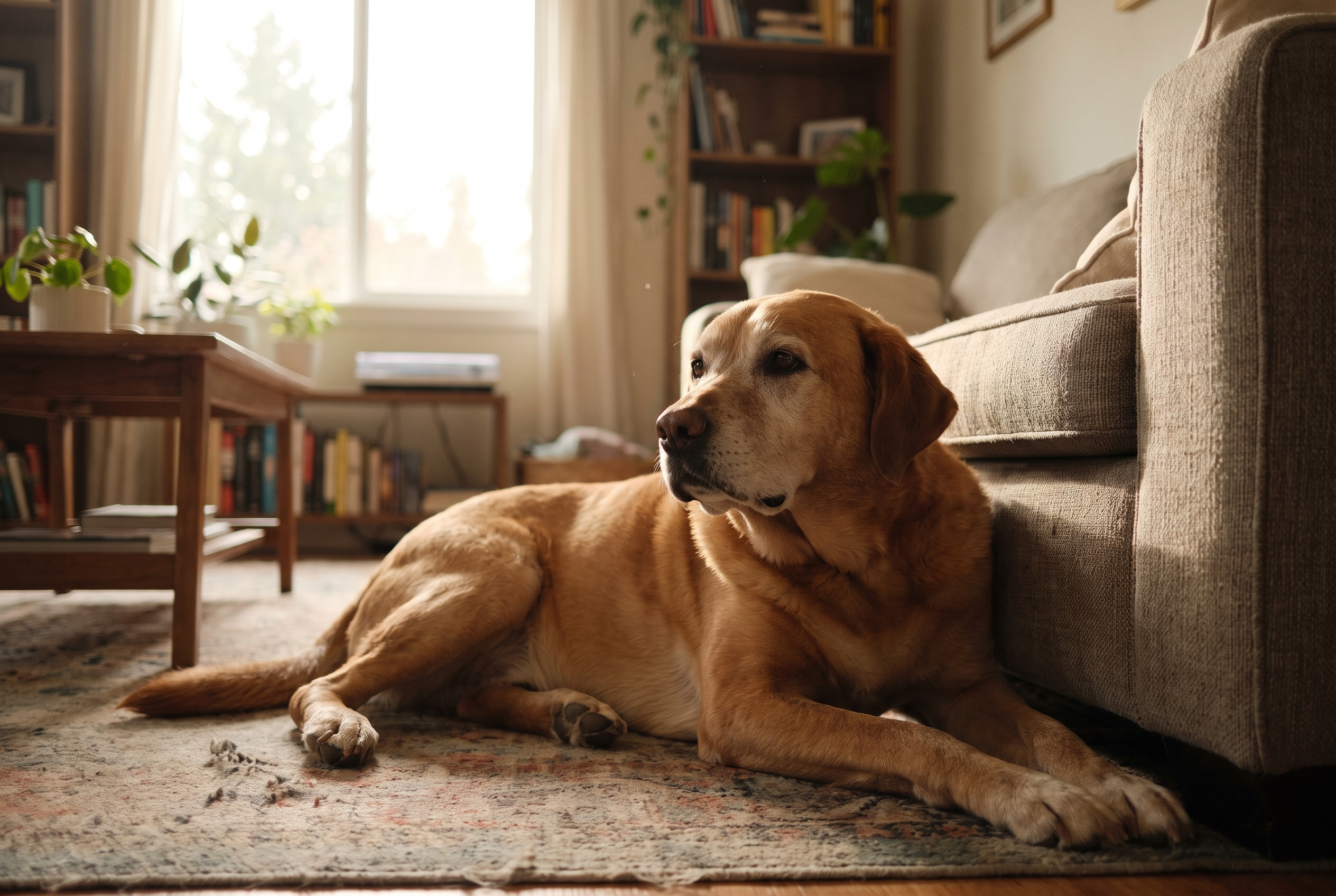 An adult dog lying calmly on the floor next to a couch in a sunlit living room.