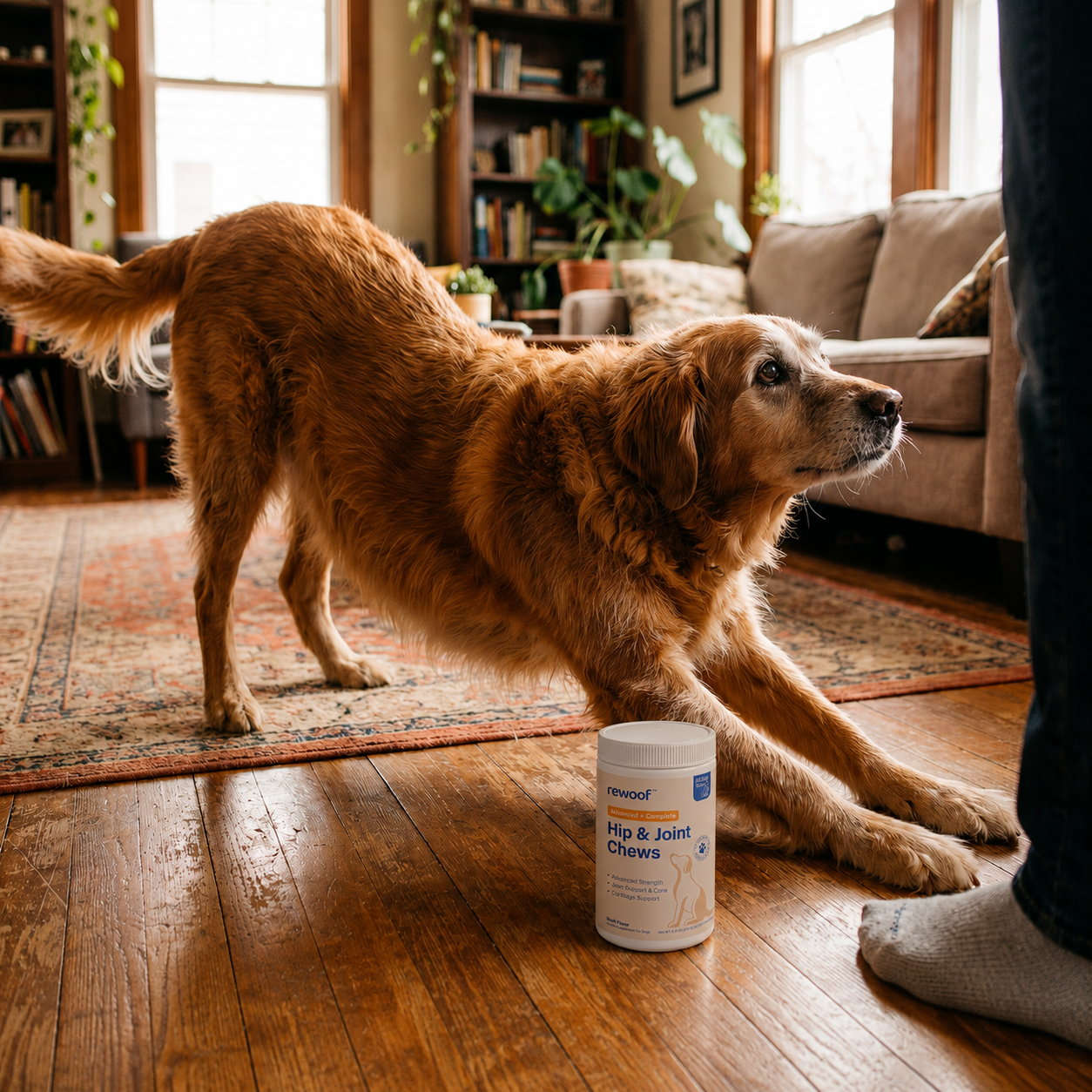 An older dog stretching comfortably indoors.