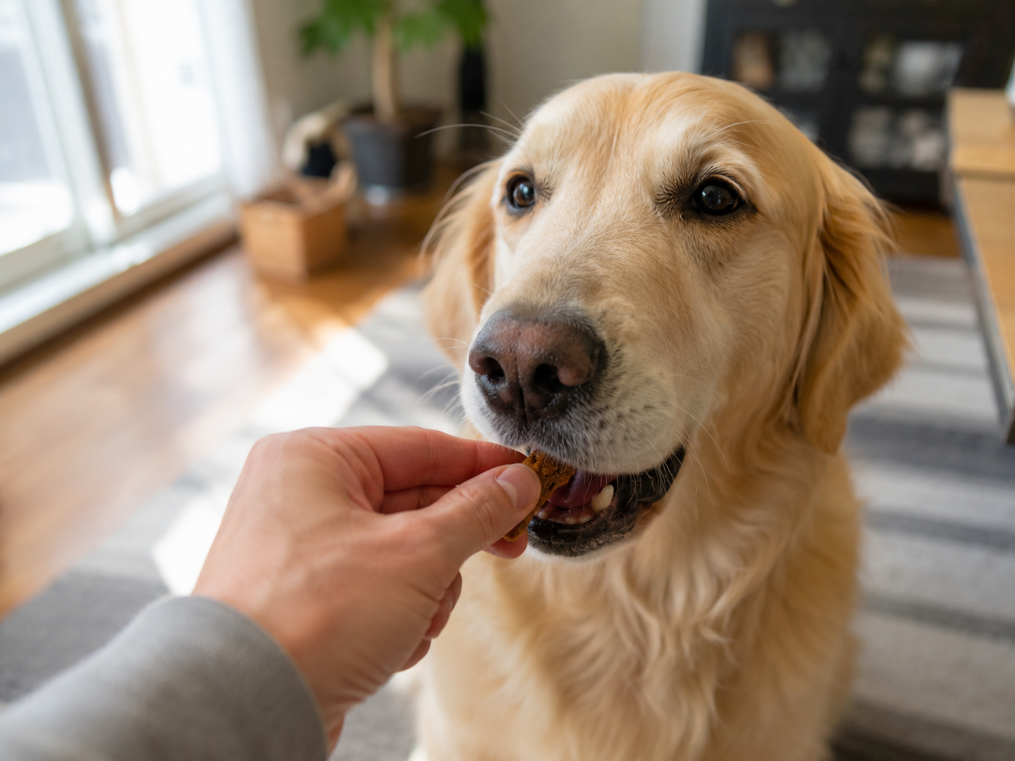 A dog being handed a small Rewoof supplement chew.