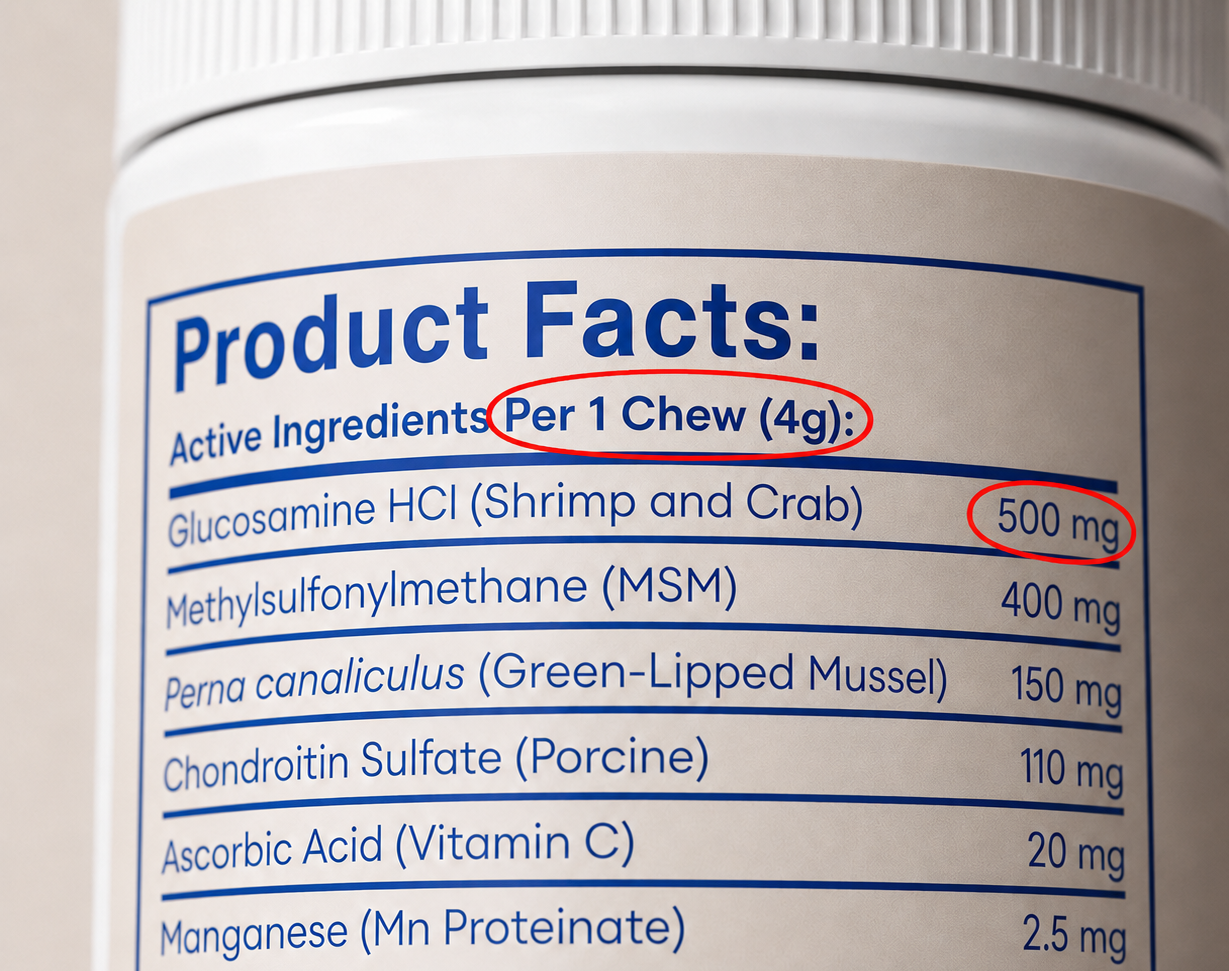 Macro close-up of the Rewoof Active Ingredients Per Chew label panel.
