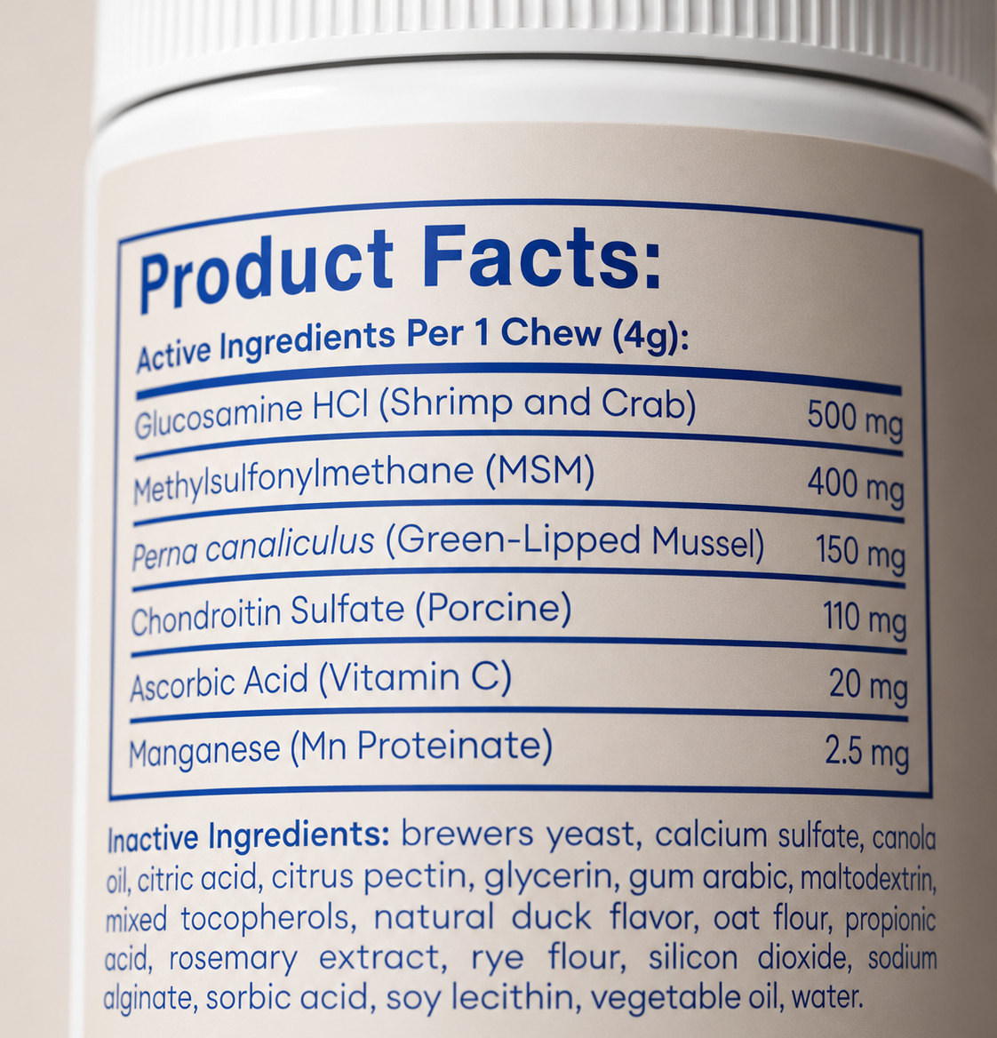 Macro close-up of the Rewoof Active Ingredients Per Chew label panel.