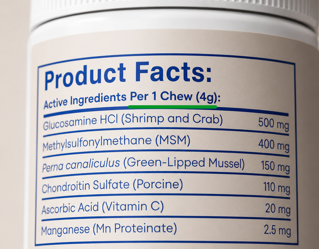 Rewoof label showing Active Ingredients per 1 chew (4g).