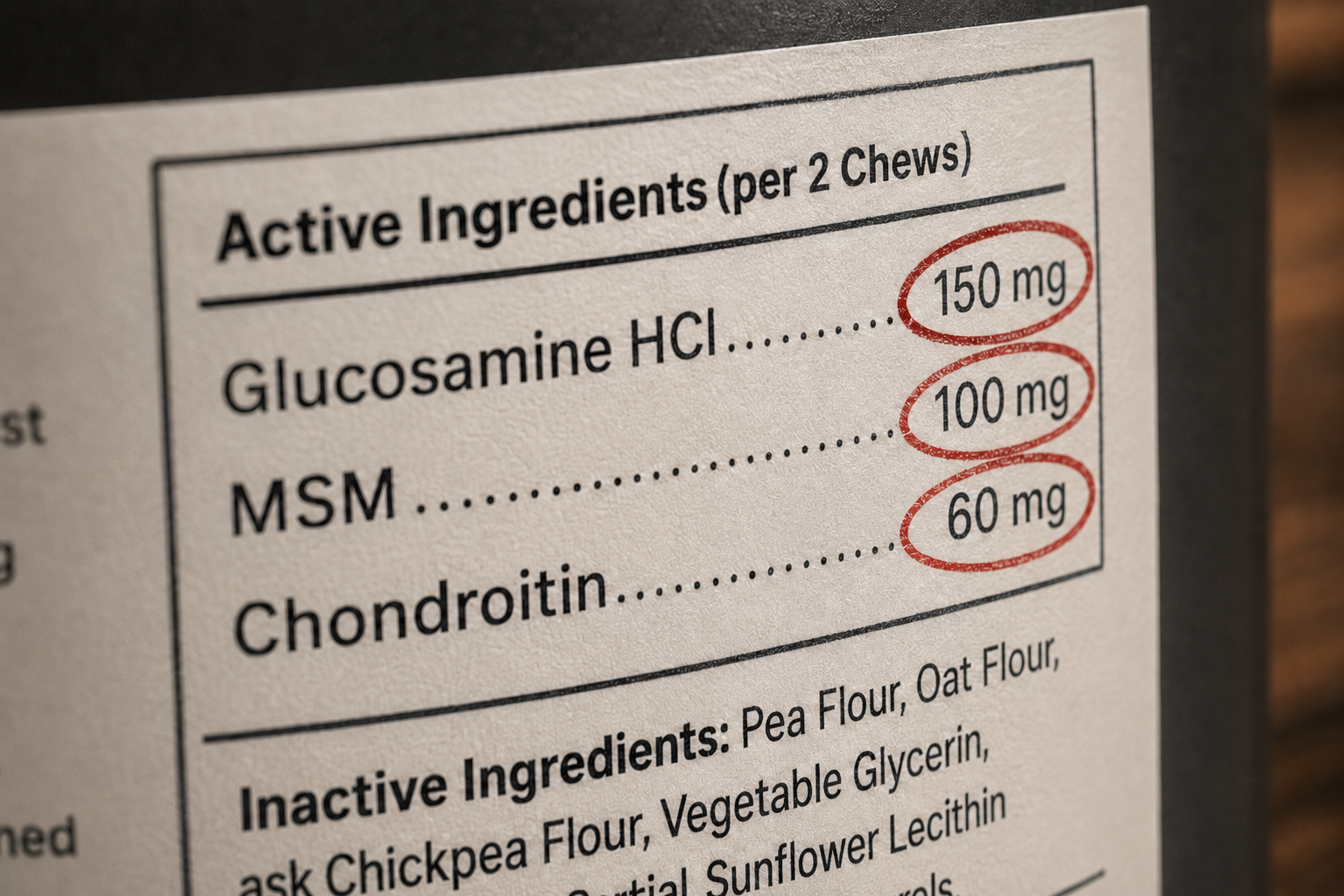 Macro close-up of a supplement jar's Active Ingredients panel with the milligram numbers circled in red marker.