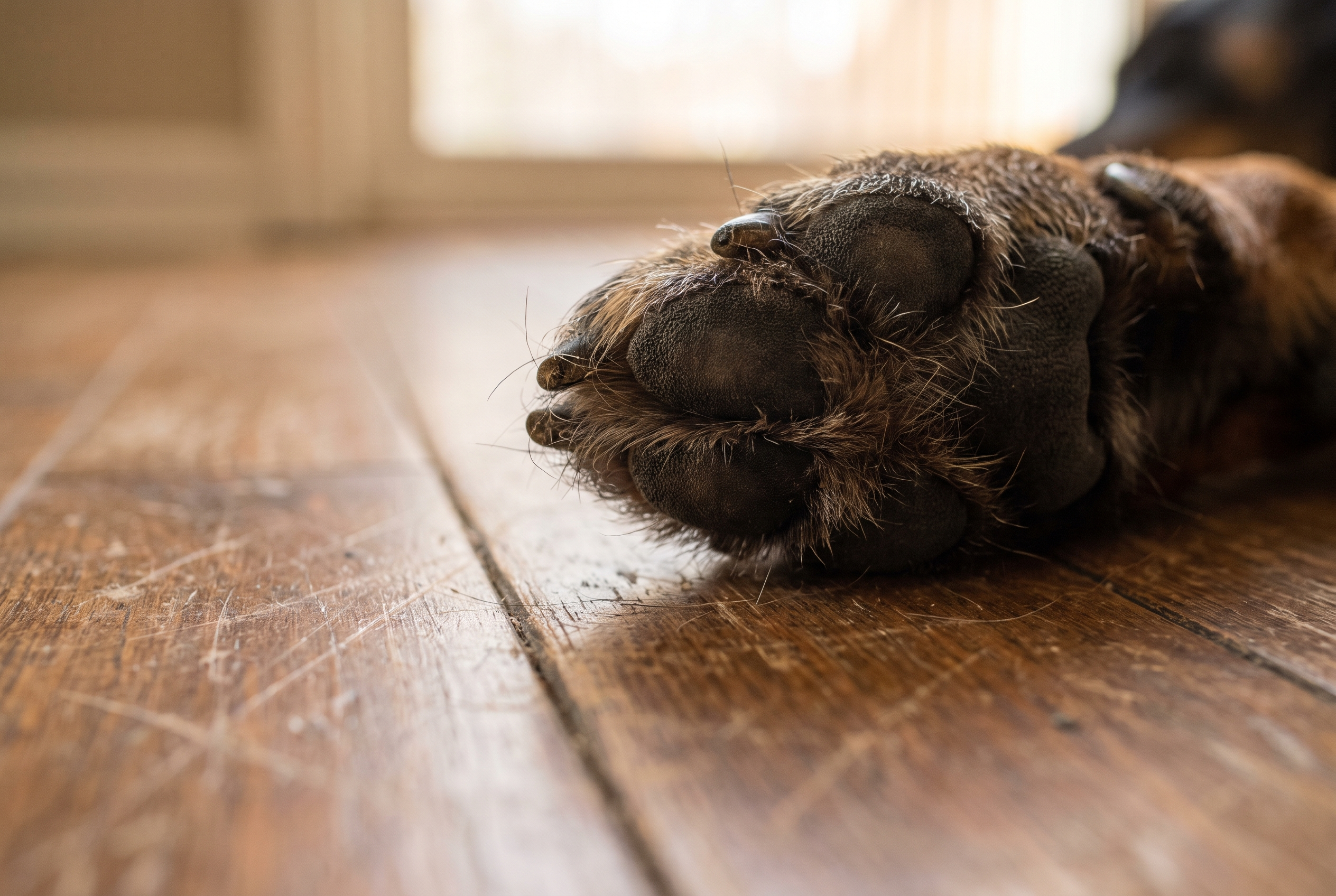 Close-up of a dog paw resting on a hardwood floor.