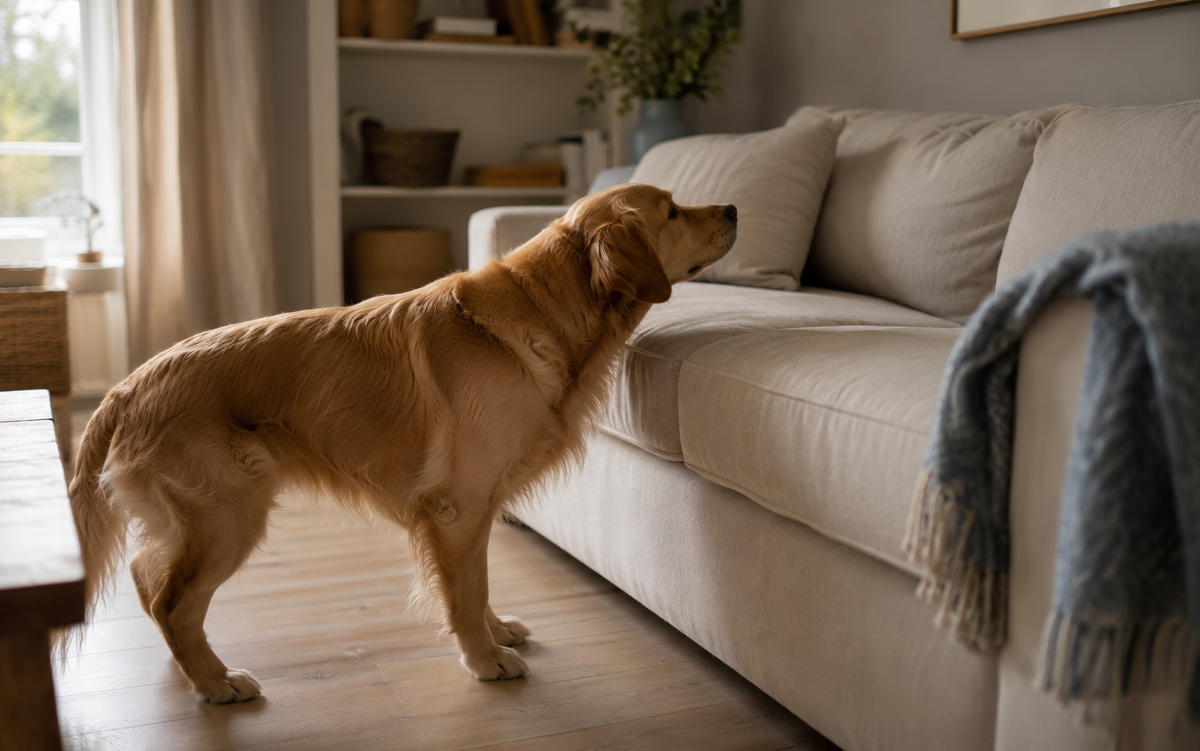 A dog pausing at the edge of a couch before jumping up