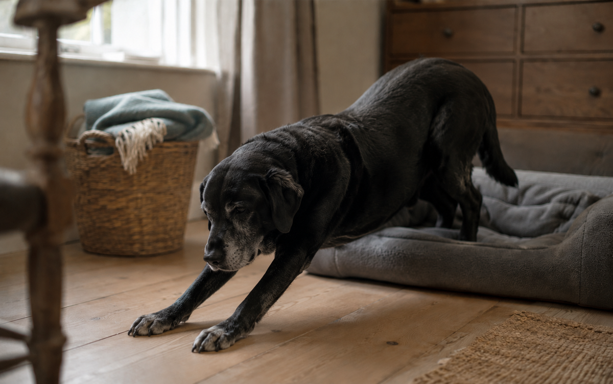 An older dog slowly rising from a dog bed