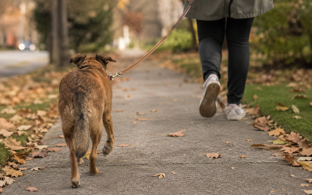 A dog trailing slightly behind its owner on a walk