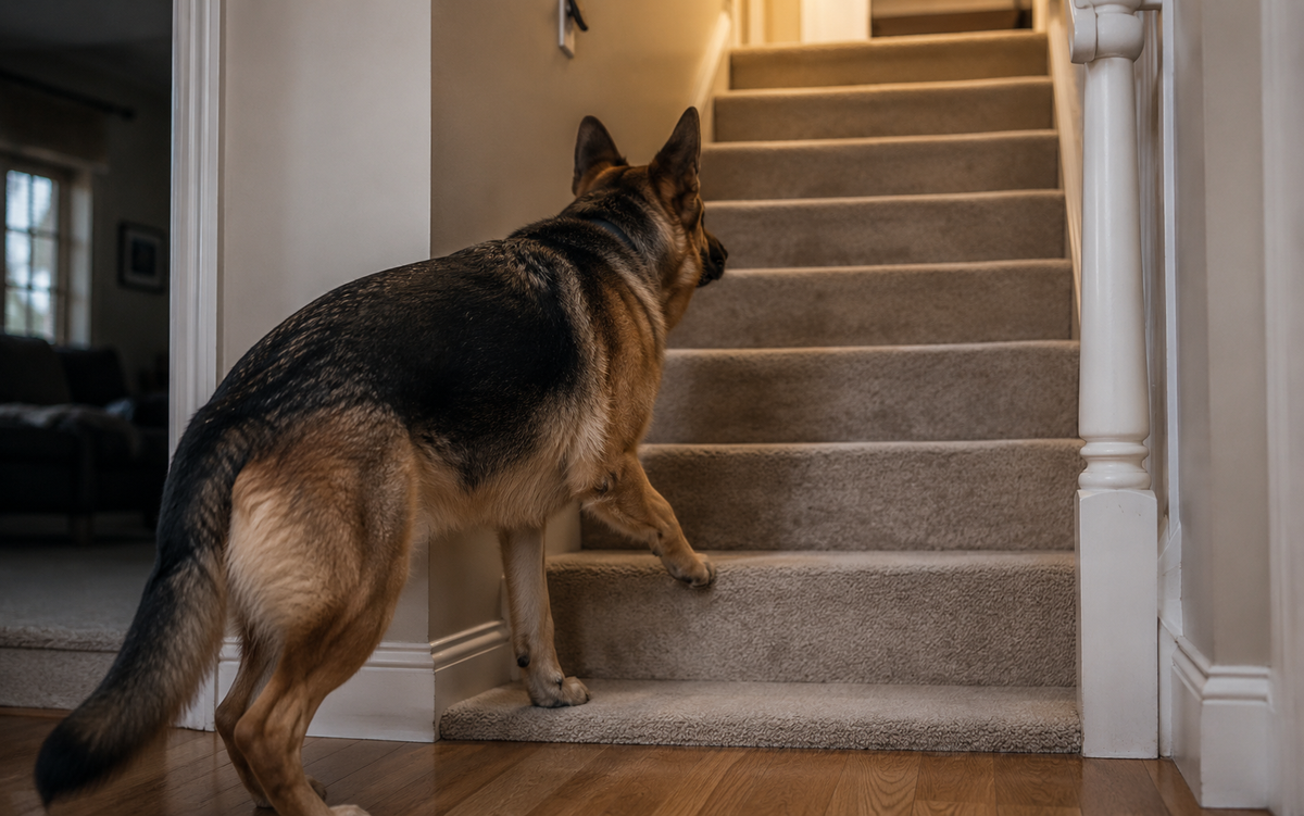A dog at the bottom of a staircase looking up