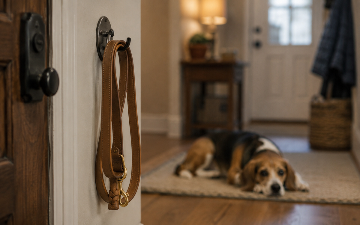 A leash hanging by a door with a dog resting nearby