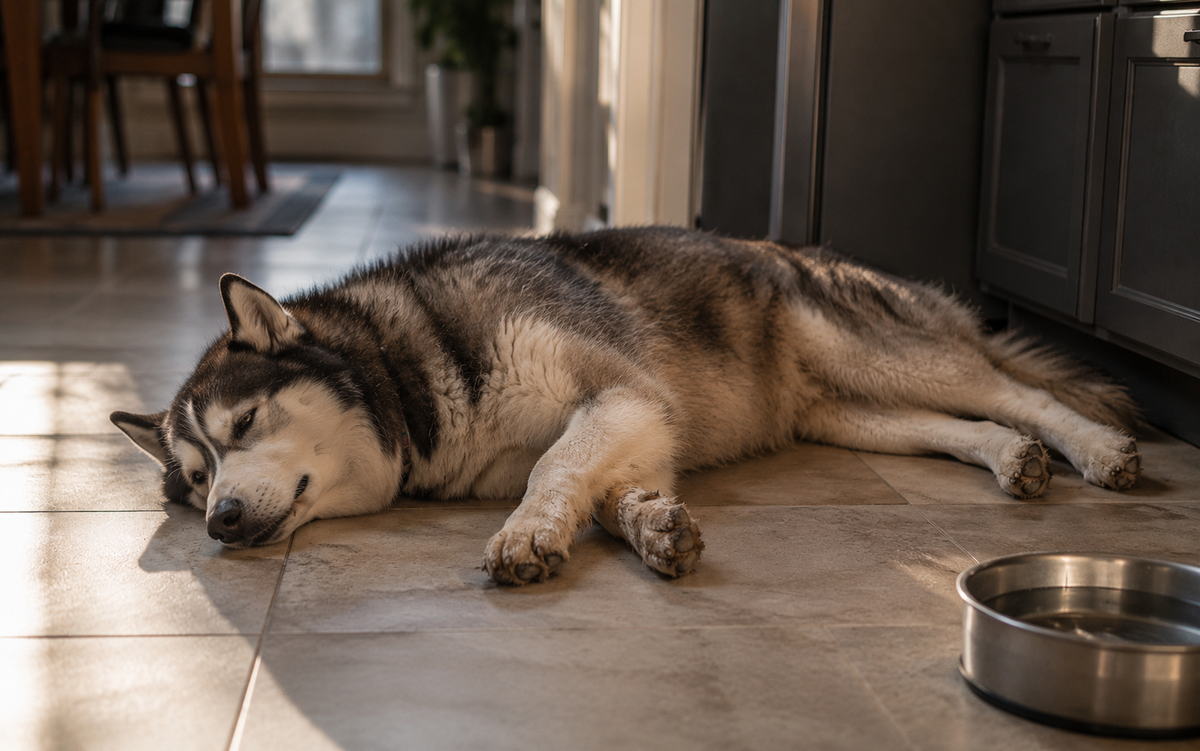 A dog resting on the floor after a long day of activity